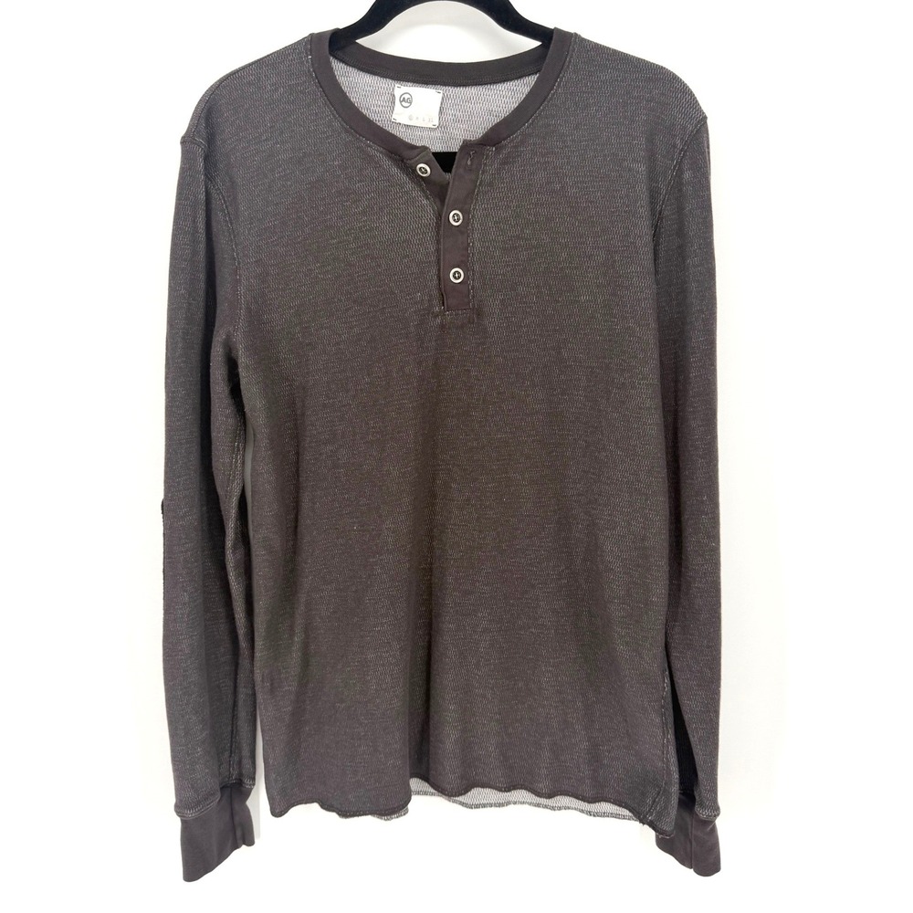 AG Henley Shirt Waffle Knit Small Brown Elbow Patch Long Sleeve Mens